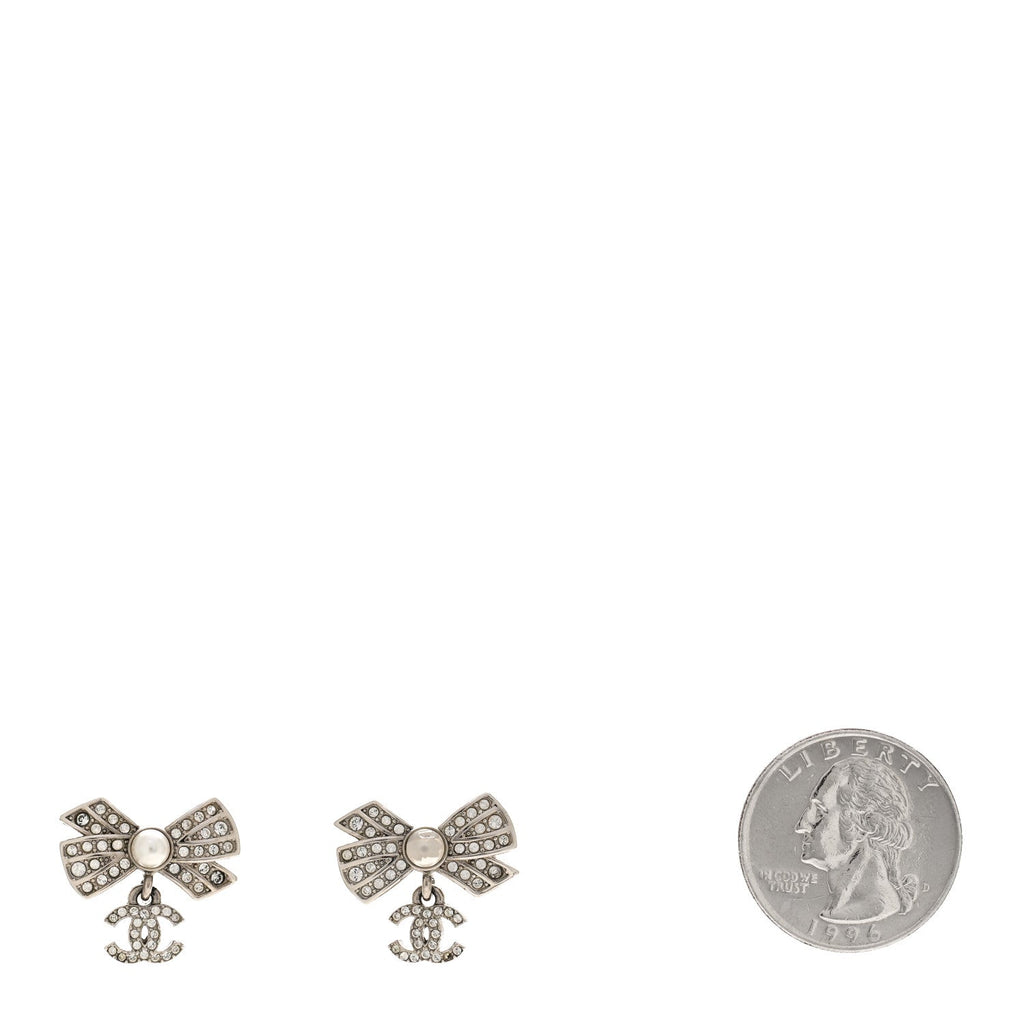 Crystal Pearl Bow CC Drop Earrings Silver
