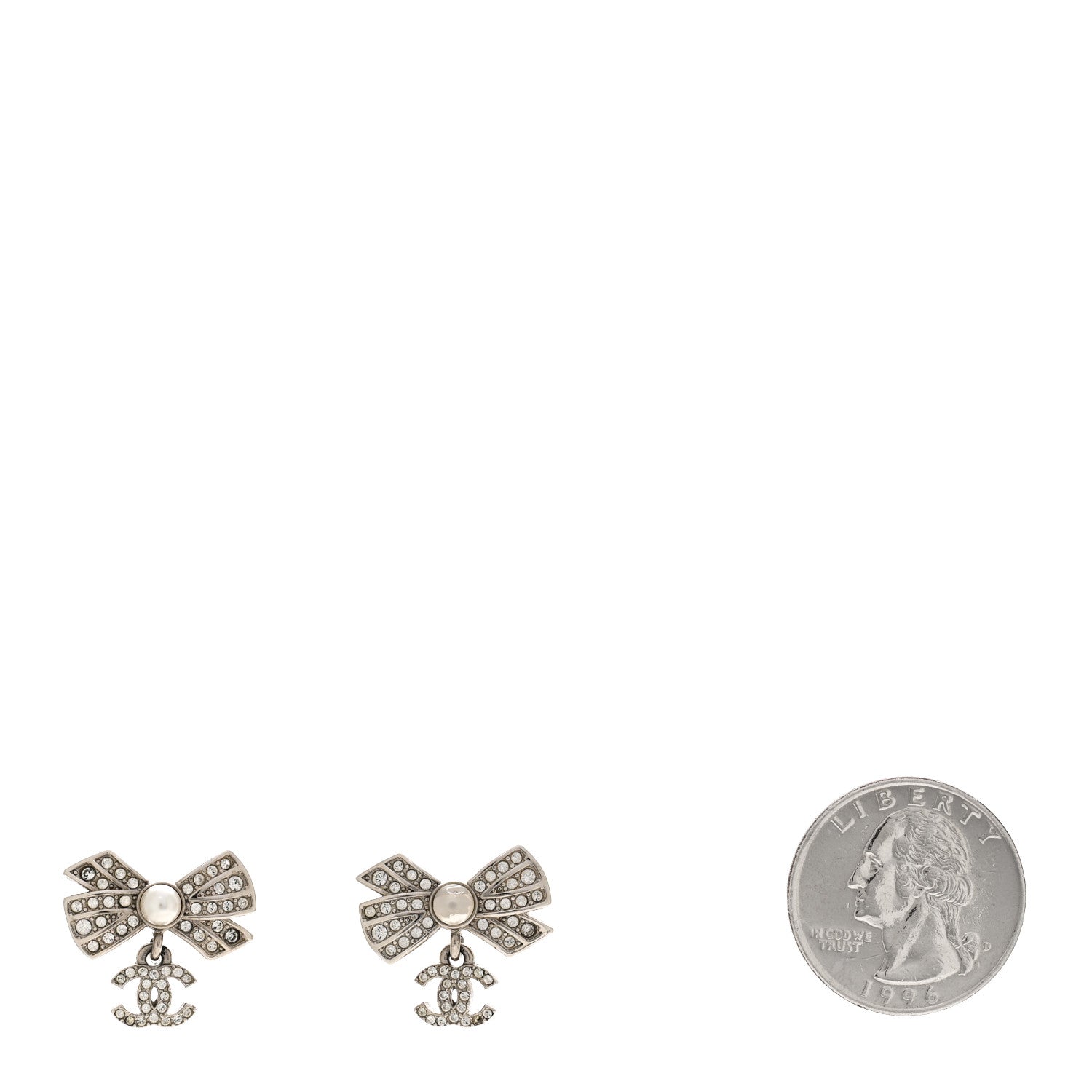 Crystal Pearl Bow CC Drop Earrings Silver