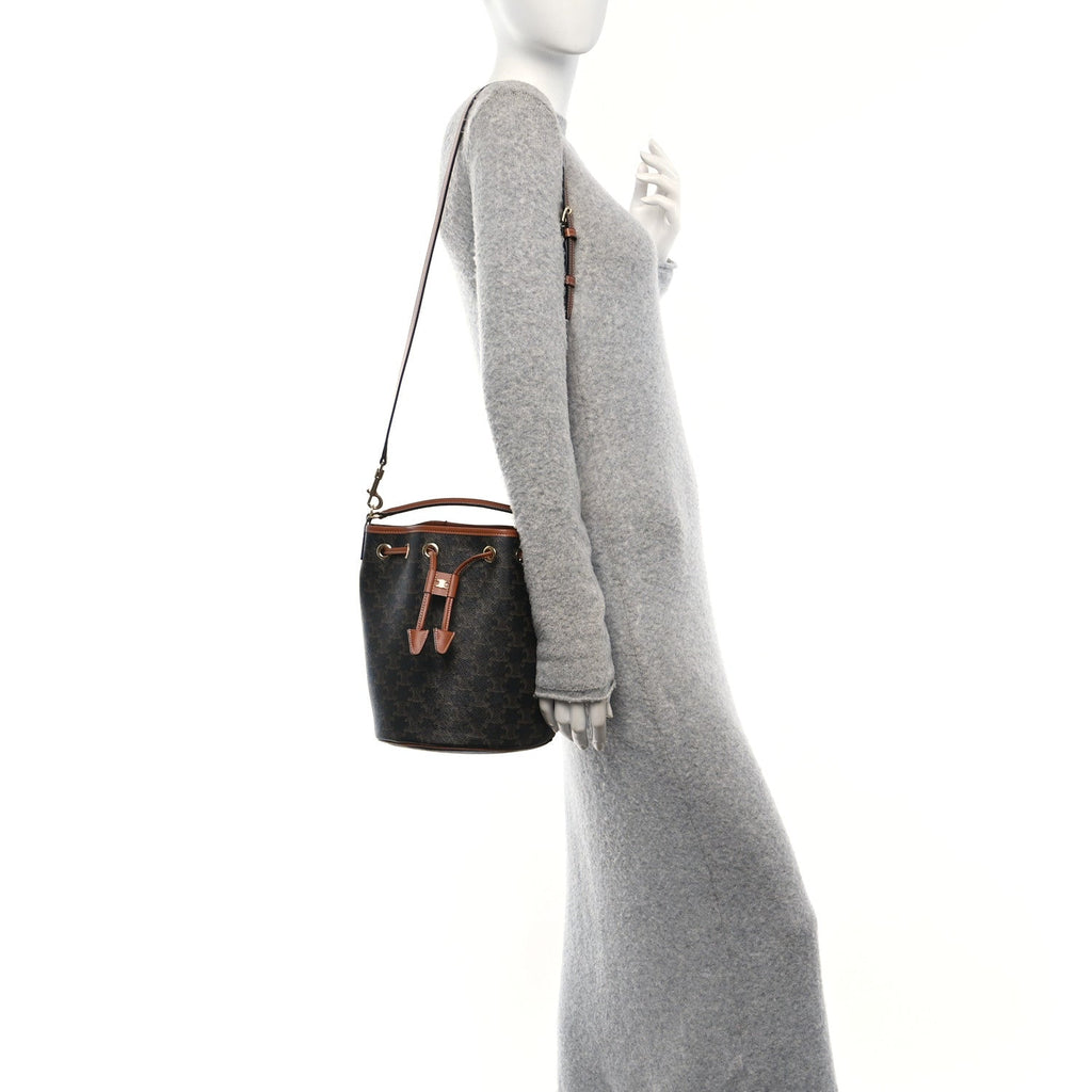 Triomphe Canvas Calfskin Clara Drawstring Bucket Bag Tan