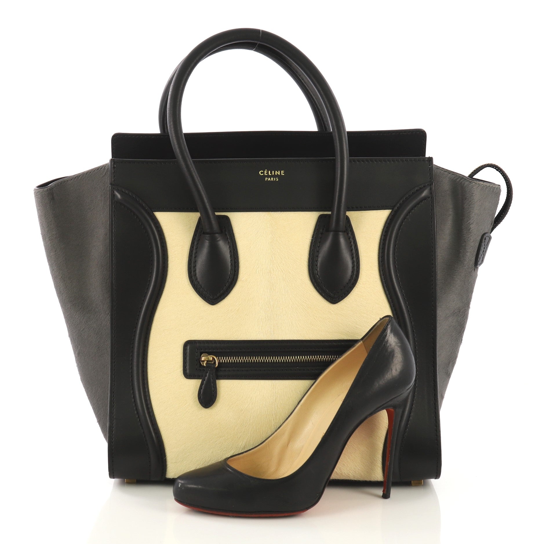 Tricolor Luggage Handbag Pony Hair and Leather Mini