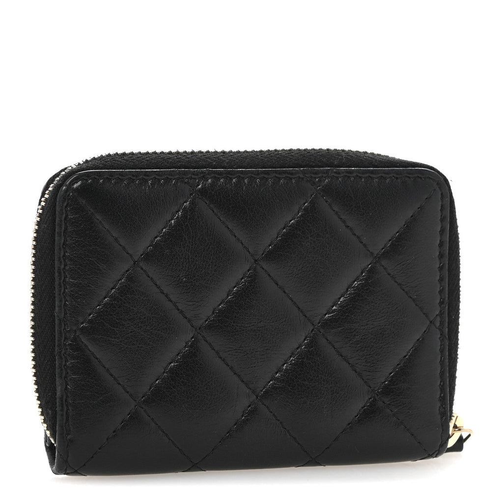 Lambskin Quilted Compact Zipped Wallet Black