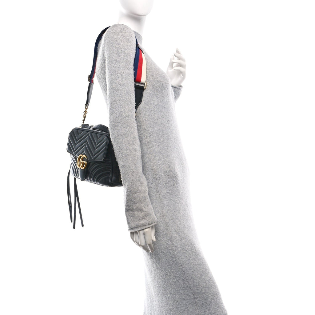 Calfskin Matelasse Sylvie Web Small GG Marmont Top Handle Shoulder Bag Black