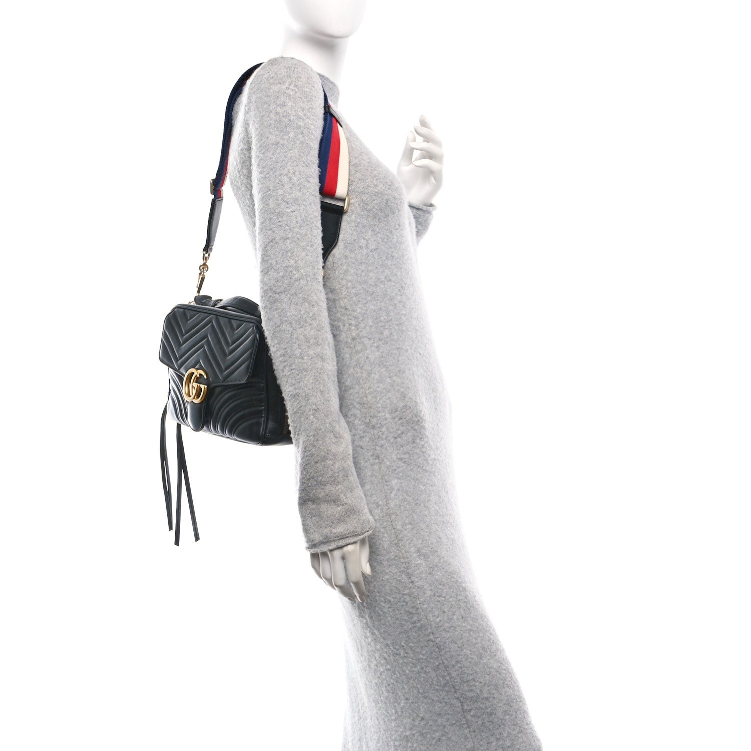 Calfskin Matelasse Sylvie Web Small GG Marmont Top Handle Shoulder Bag Black