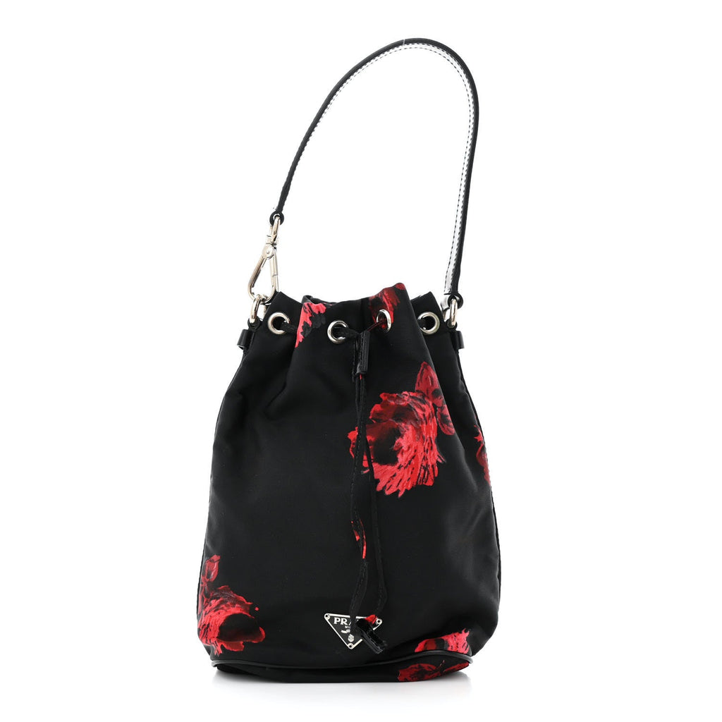 Tessuto Nylon Spazzolato Rose Print Bucket Bag Black Rosso