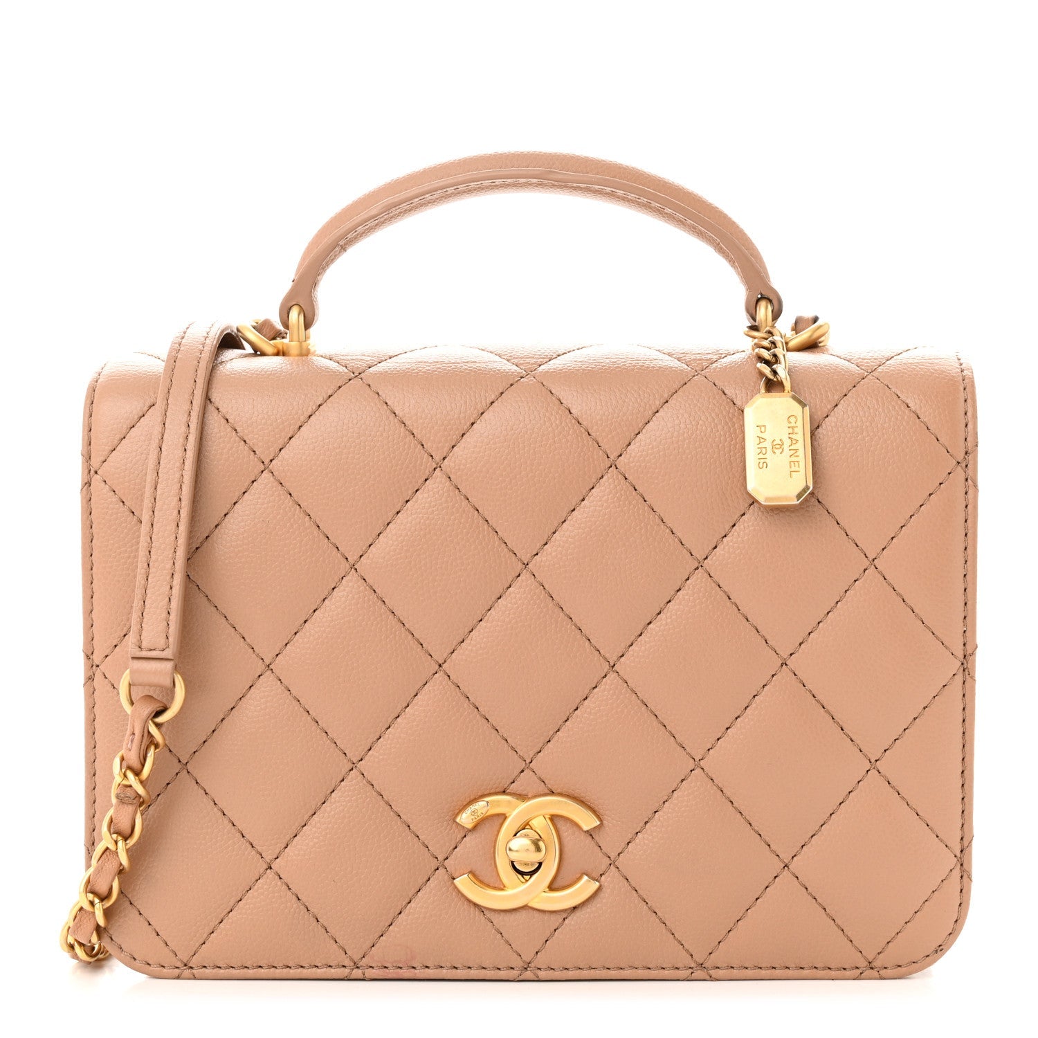 Caviar Quilted Small Top Handle Flap Beige