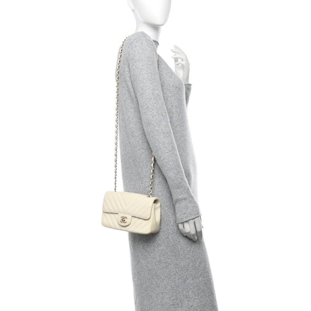 Lambskin Chevron Quilted Mini Rectangular Flap White