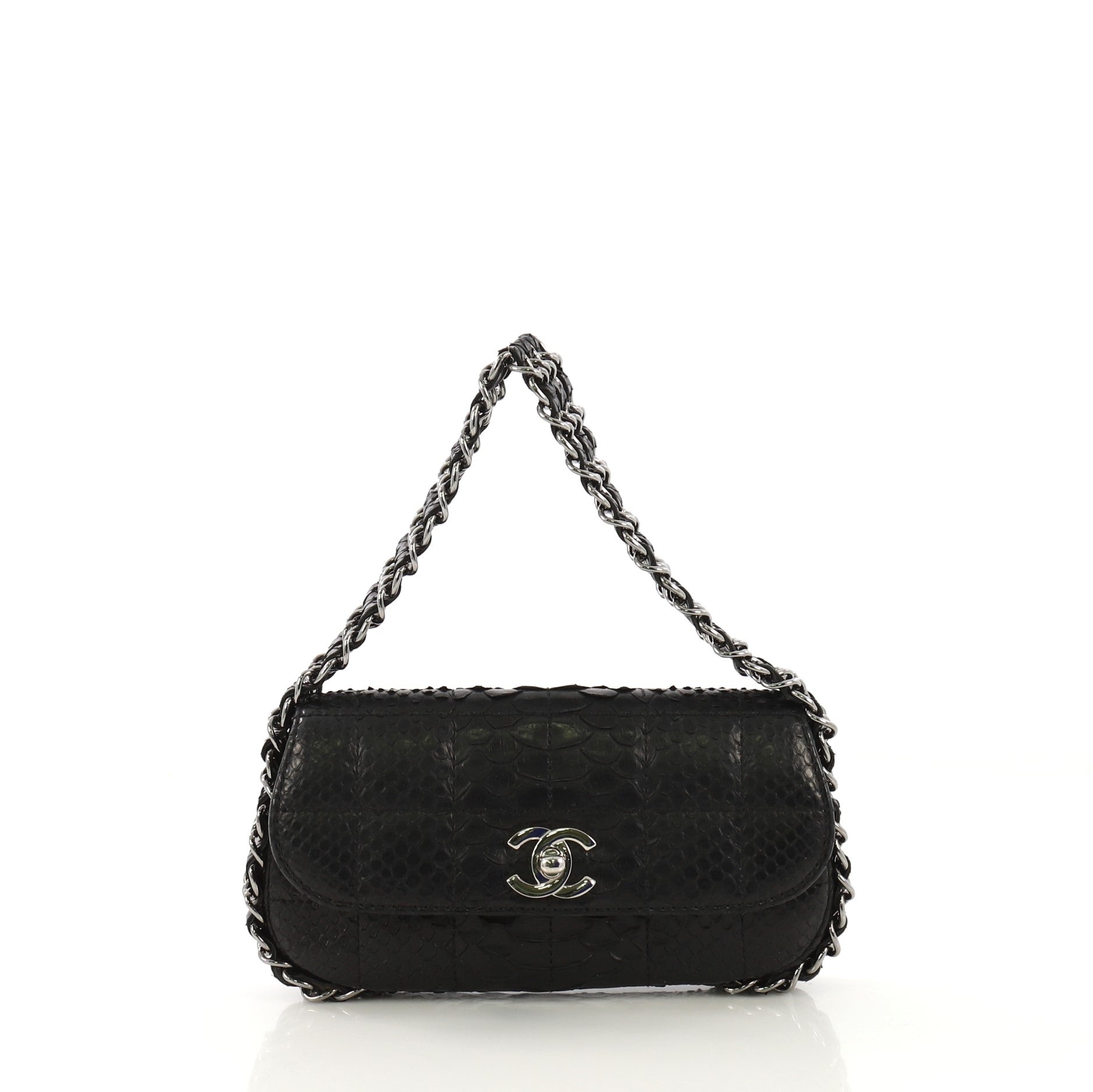 Multichain Chocolate Bar Flap Bag Quilted Python Mini