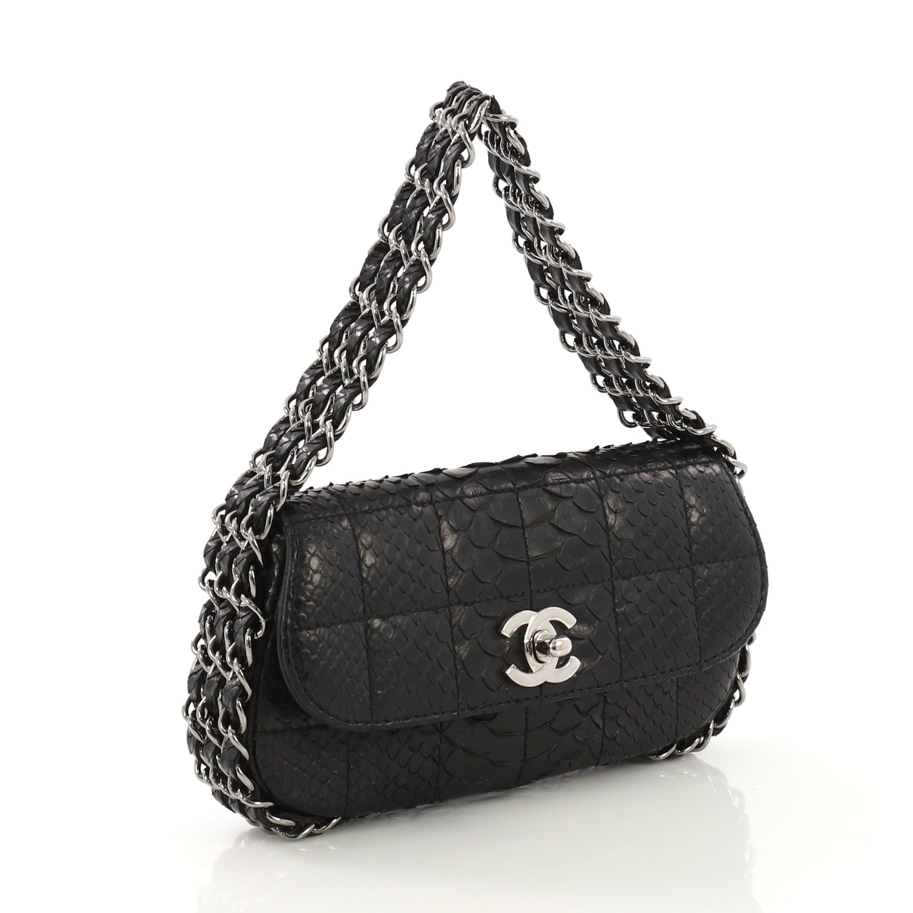 Multichain Chocolate Bar Flap Bag Quilted Python Mini