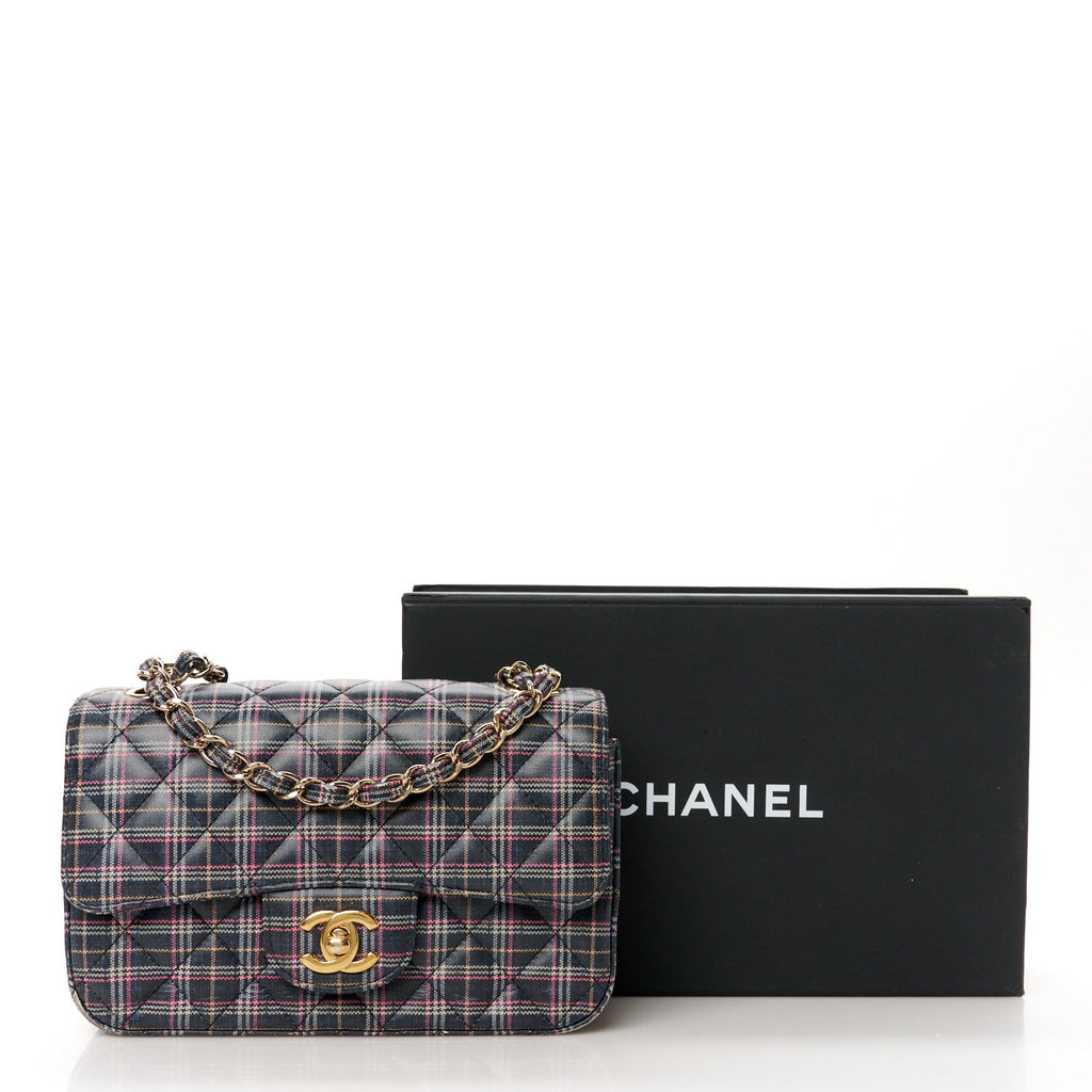 Calfskin Quilted Plaid Printed Small Single Flap Navy Multicolor