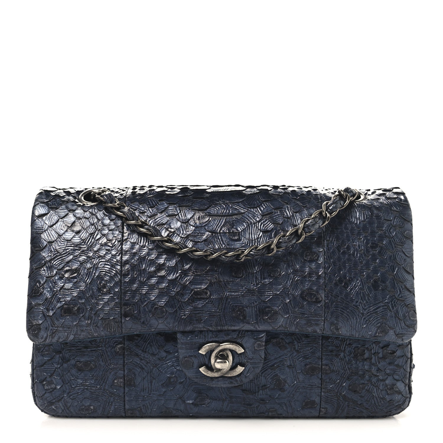 Metallic Snakeskin Medium Double Flap Blue