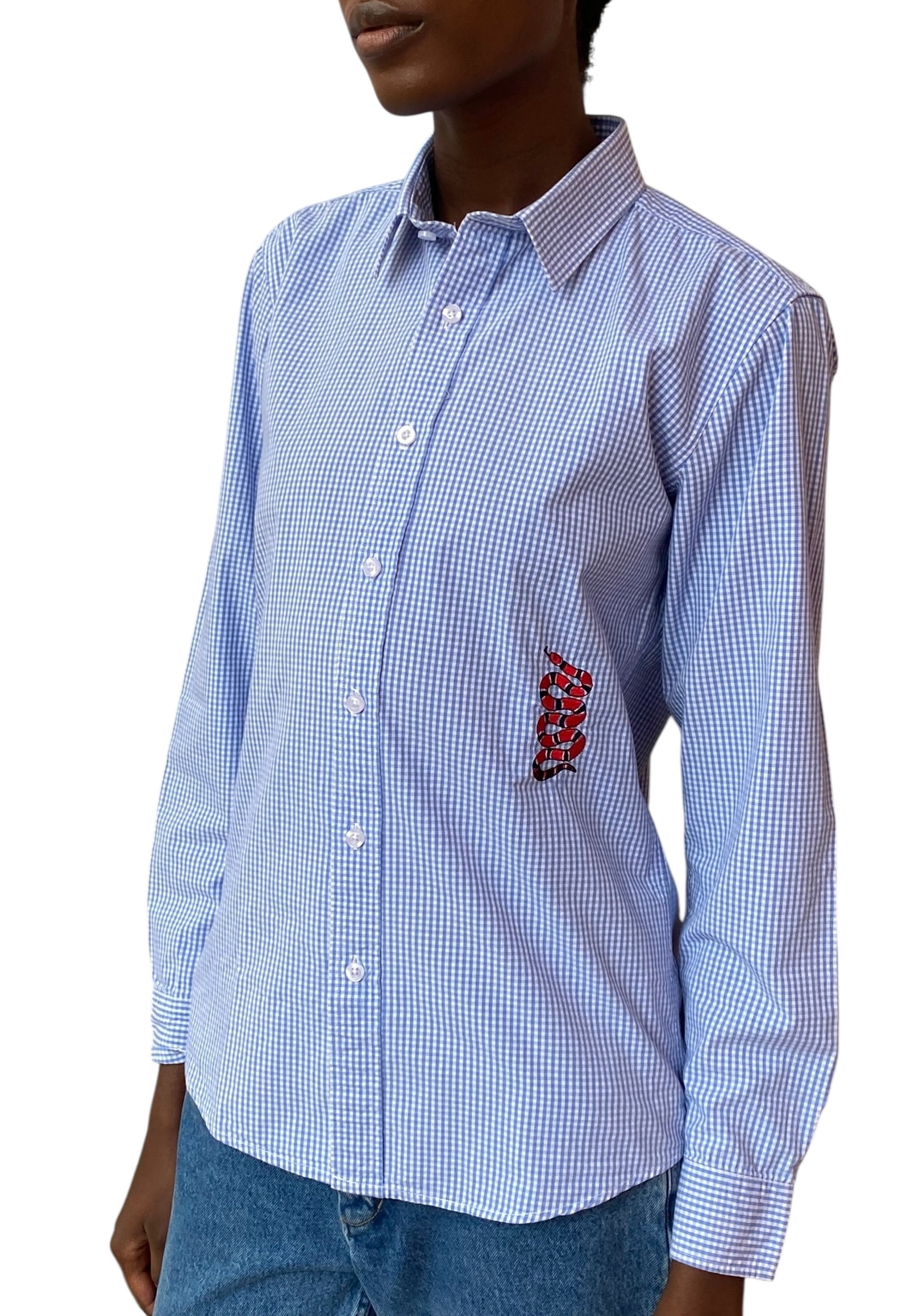 Gucci Blue Checked Snake Embroidered Shirt - US 2