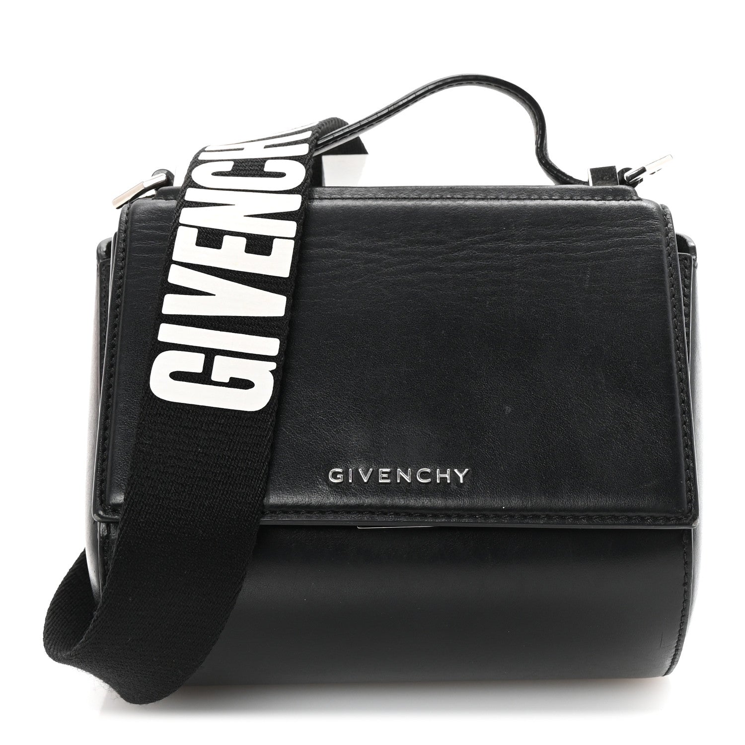 Calfskin Mini Pandora Box Logo Strap Crossbody Bag Black