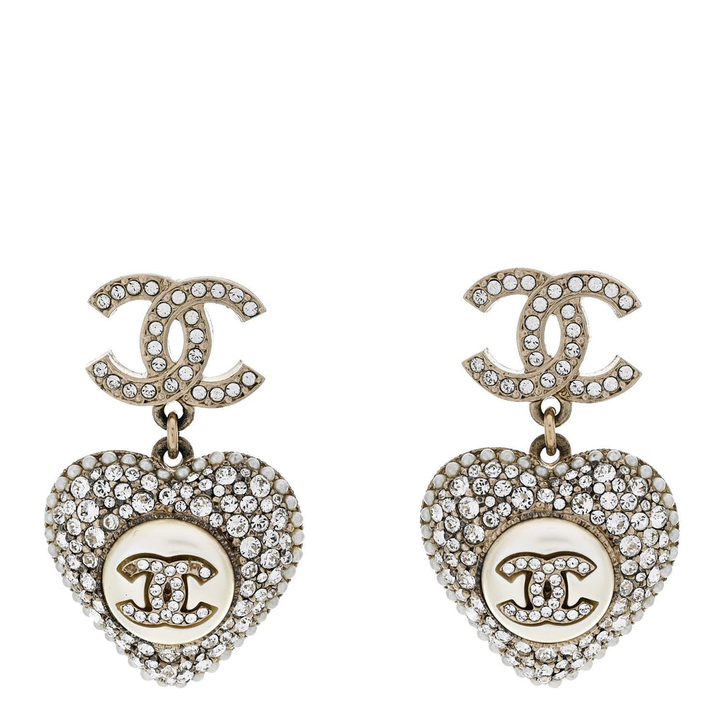 Pearl Crystal CC Heart Drop Earrings Gold White