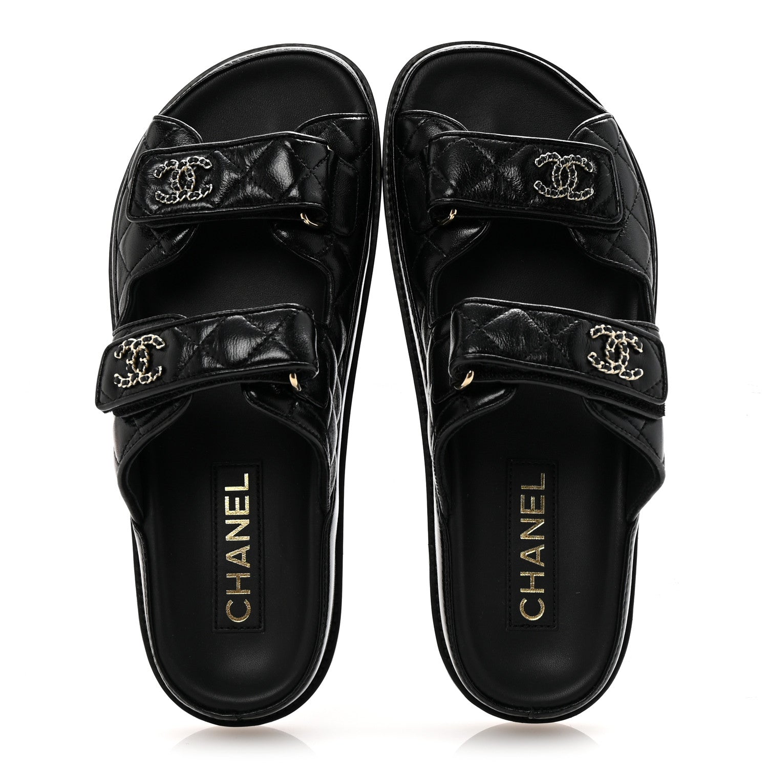 Lambskin Quilted Velcro Dad Chain CC Slide Sandals 38 Black