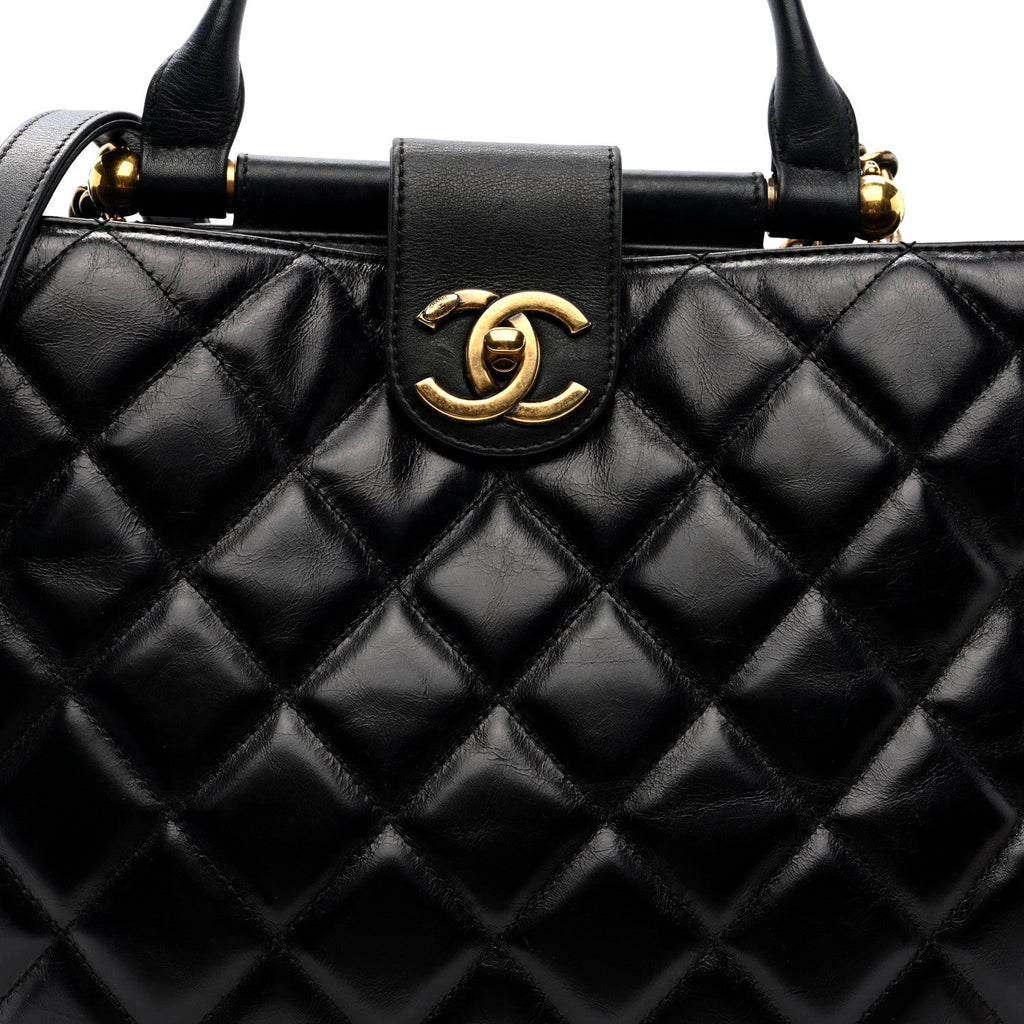 Glazed Calfskin Quilted Gold Bar Tote Black