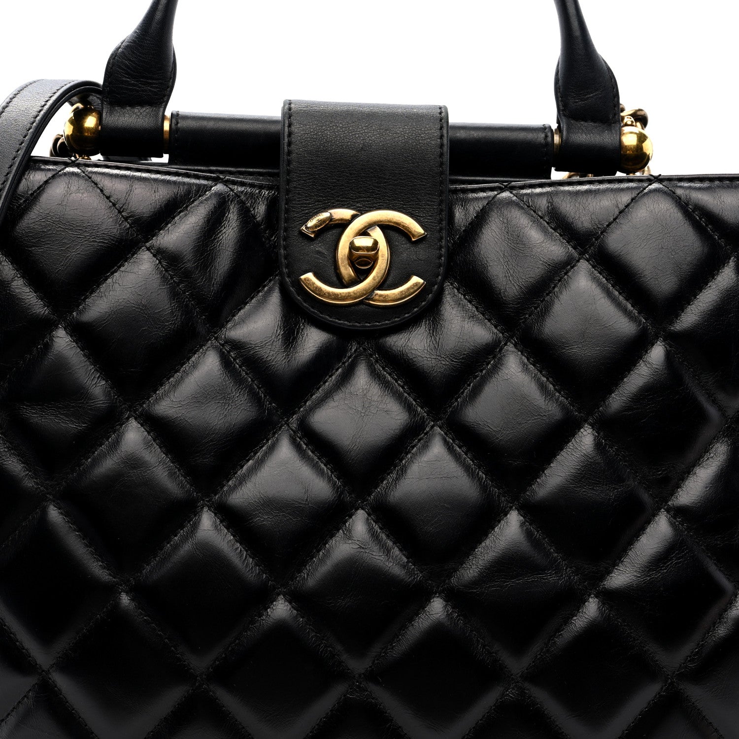 Glazed Calfskin Quilted Gold Bar Tote Black