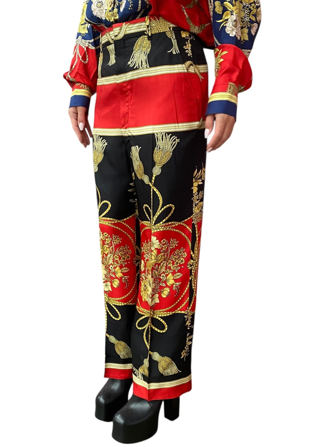 Gucci Red Silk Floral Tassel Print Wide Leg Trousers - 40 / US 4