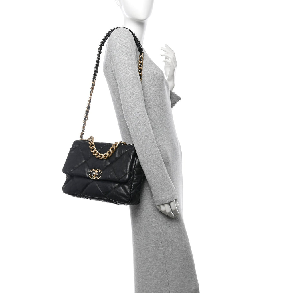 Shiny Goatskin Quilted Large Chanel 19 Flap Black