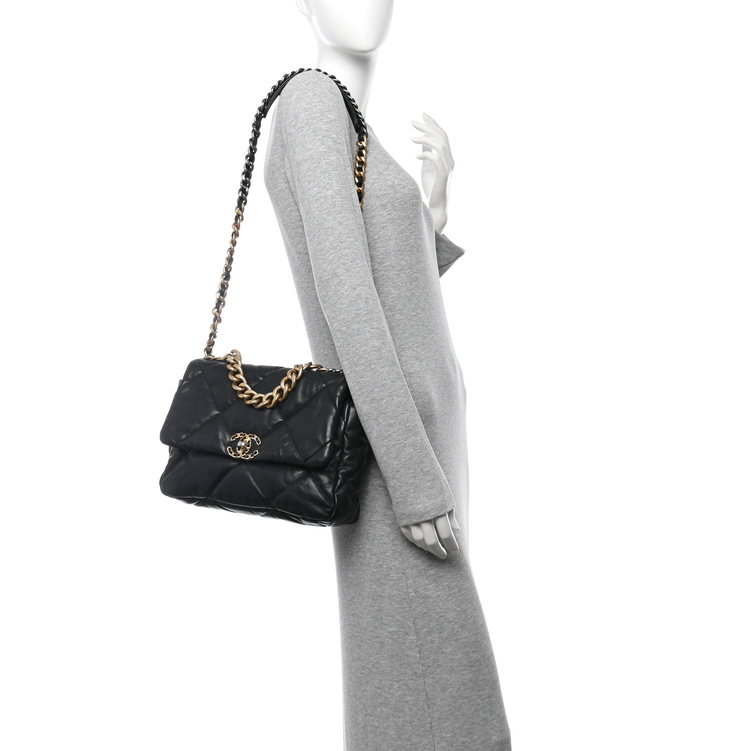 Shiny Goatskin Quilted Large Chanel 19 Flap Black
