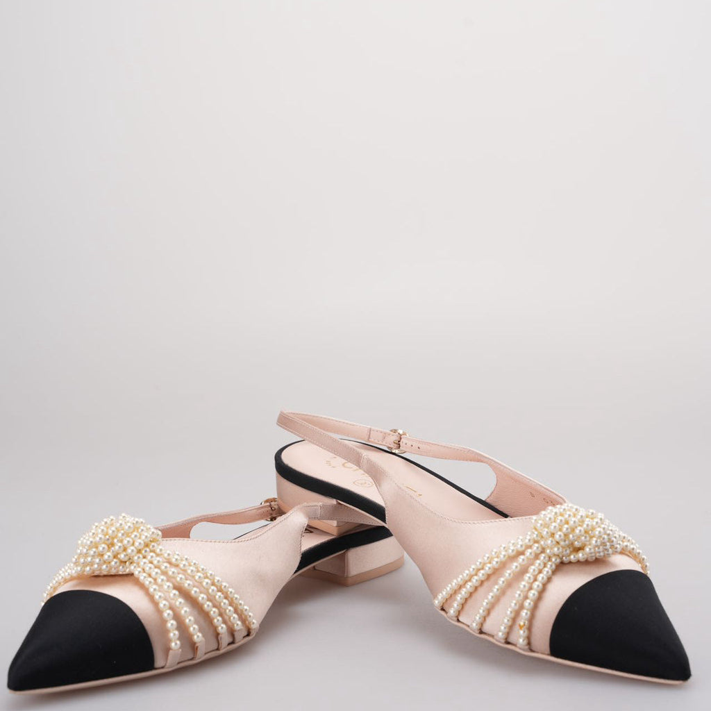 Chanel Satin Grosgrain Pearl Slingback Flats Pink/Black Size 38