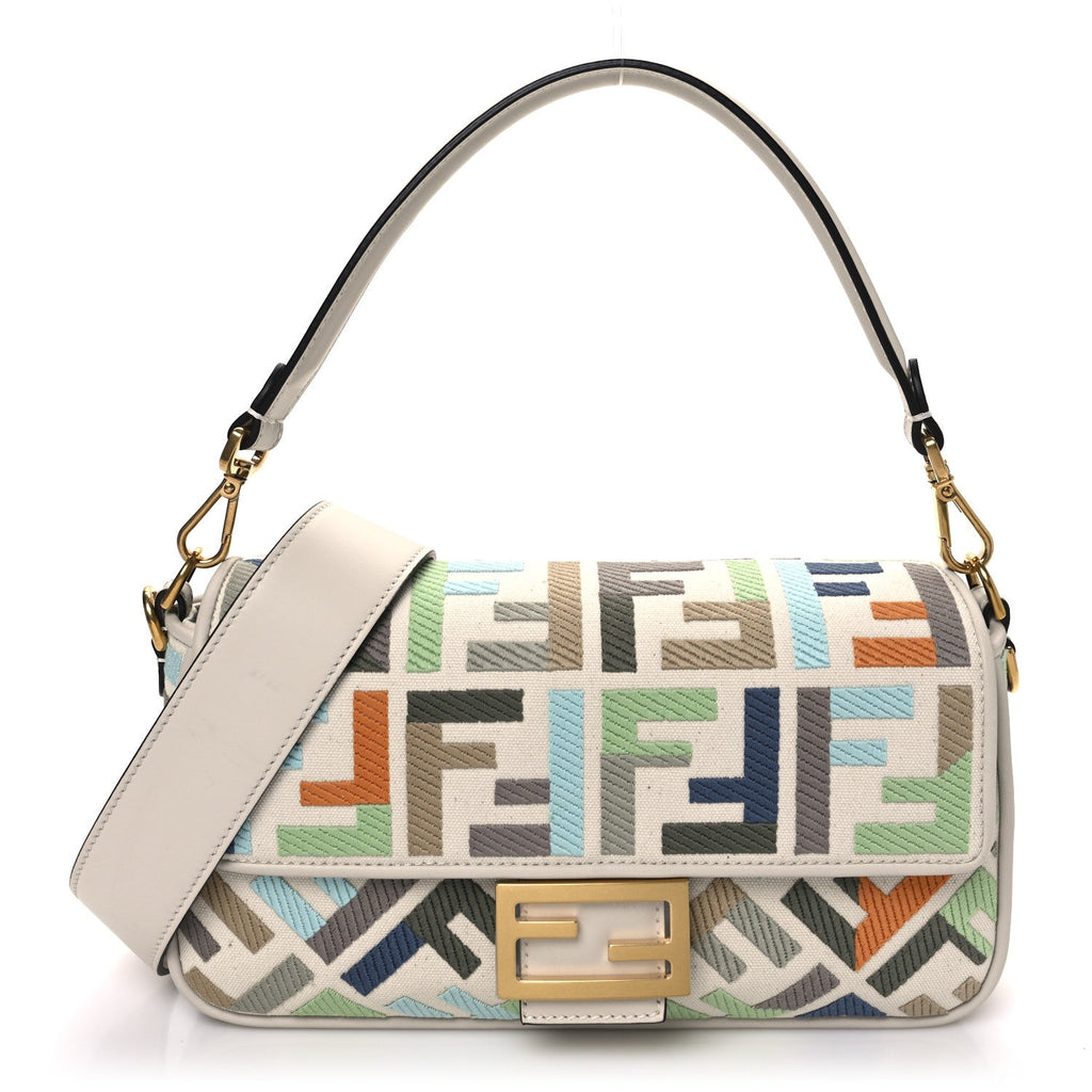 Canvas Vitello Seta FF Multicolor Embroidered Baguette Grezzo Multicolor Latte