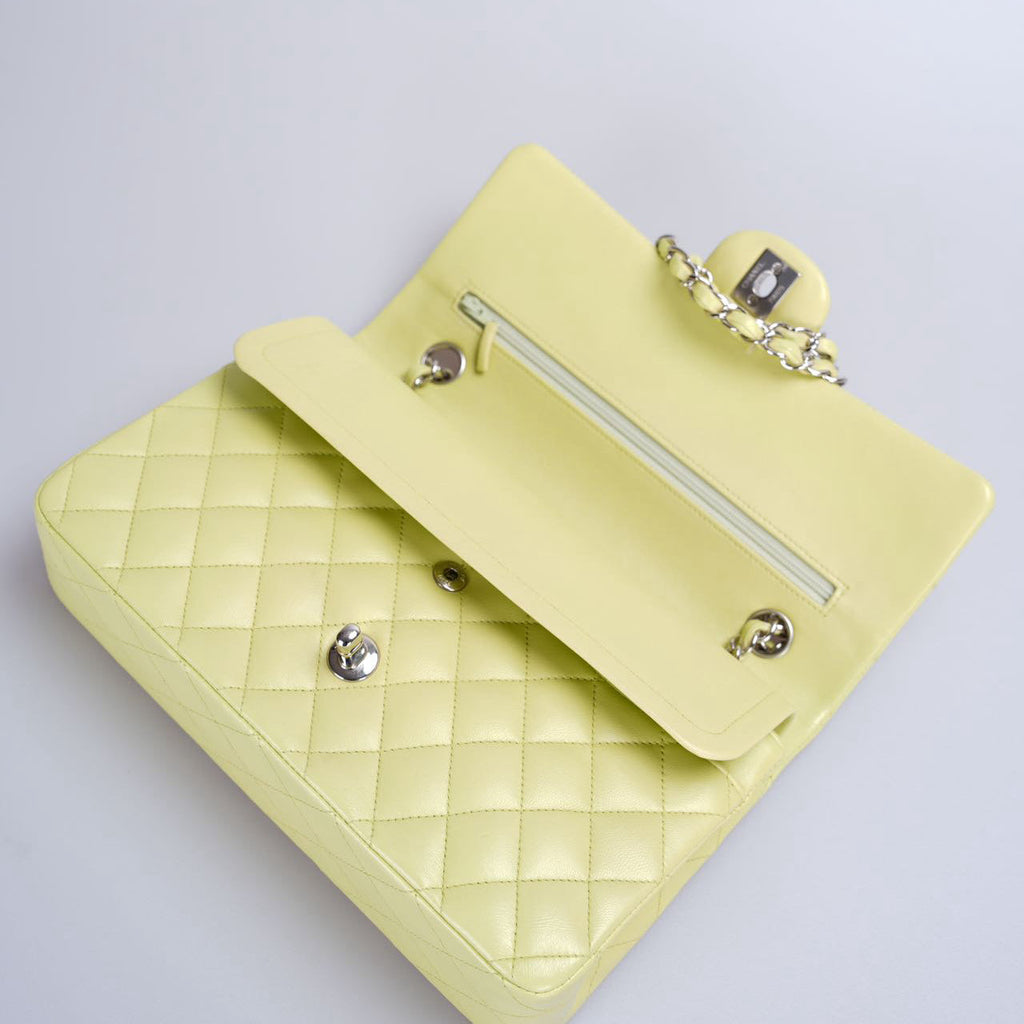 Chanel Medium Classic Double Flap Bag In Pastel Butter Yellow Color With Silver Hardware