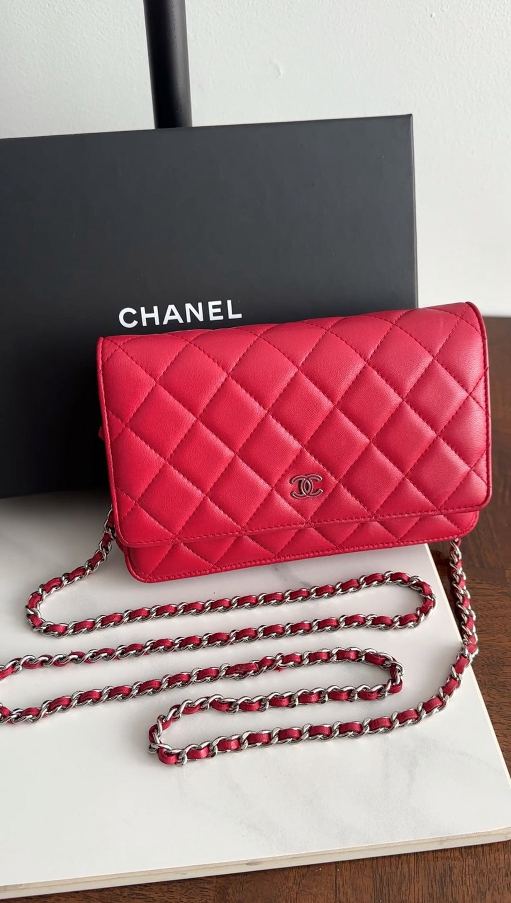 Chanel Timeless Classic Red Quilted Wallet on Chain with Enamel CC