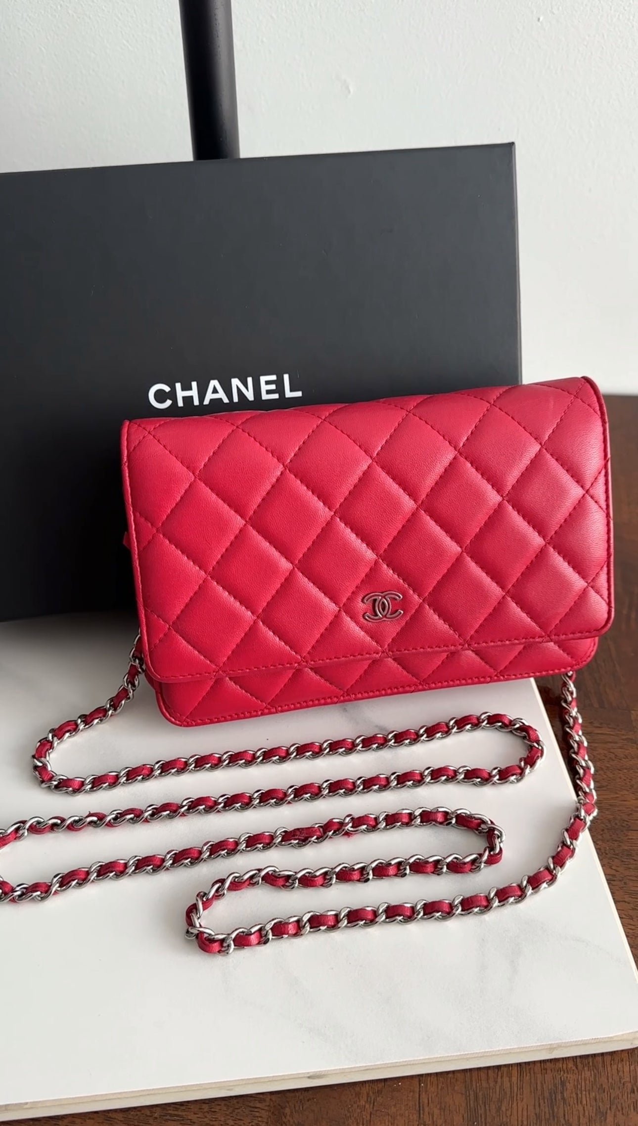 Chanel Timeless Classic Red Quilted Wallet on Chain with Enamel CC