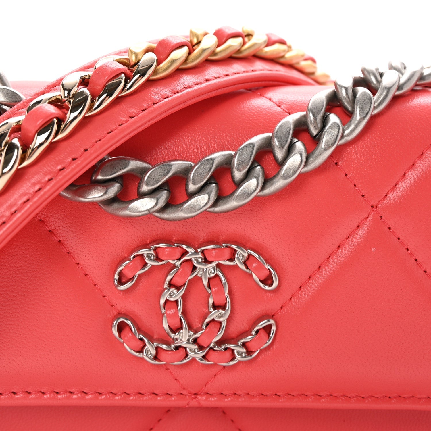Lambskin Quilted Chanel 19 Flap Phone Holder With Chain Coral