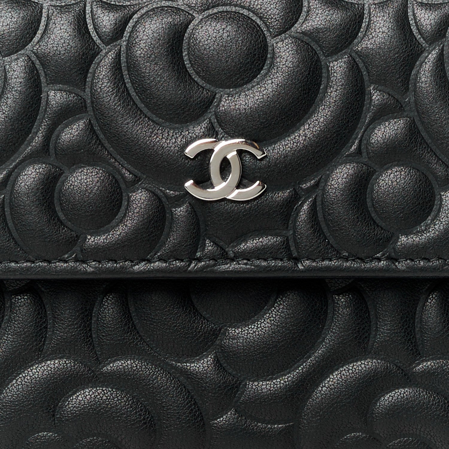 Lambskin Embossed Camellia Large Gusset Flap Wallet Black