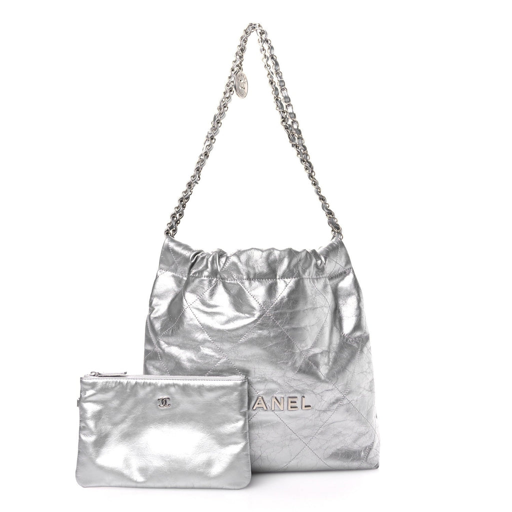 Metallic Calfskin Quilted Small Chanel 22 Silver
