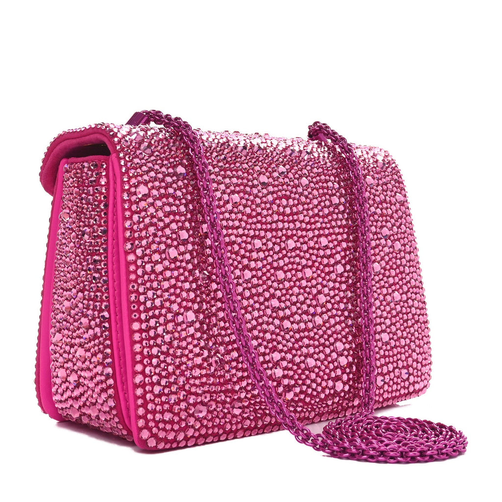Crystal Suede Embellished Small One Stud Clutch With Chain Pink