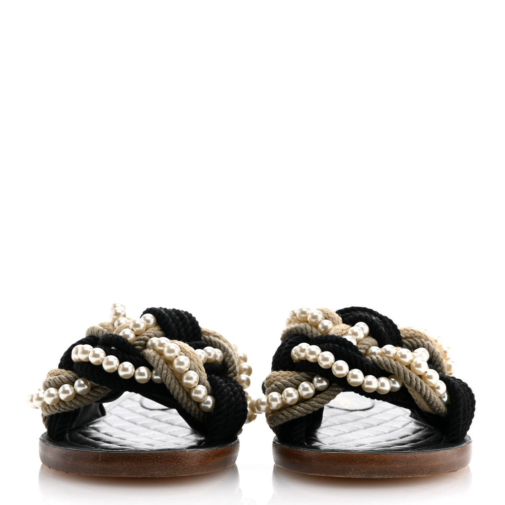 Lambskin Pearl Cord CC Mules 36 Black Beige