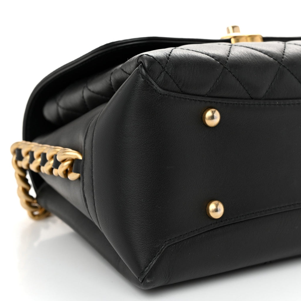 Calfskin Quilted Side Chain Compartment Flap Black