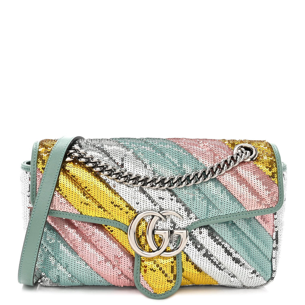 Sequin Satin Calfskin Matelasse Diagonal Small GG Marmont Shoulder Bag Grigio Argento Verde Chiaro Rosa Giallo Light Water Green