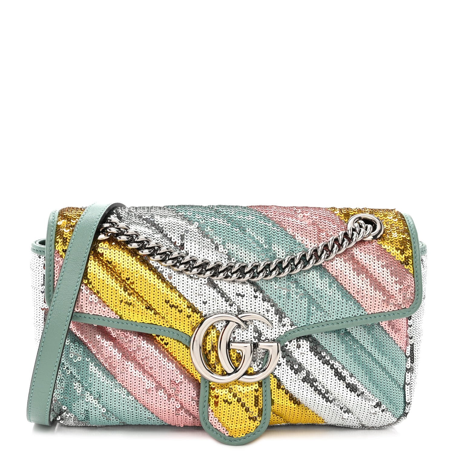 Sequin Satin Calfskin Matelasse Diagonal Small GG Marmont Shoulder Bag Grigio Argento Verde Chiaro Rosa Giallo Light Water Green