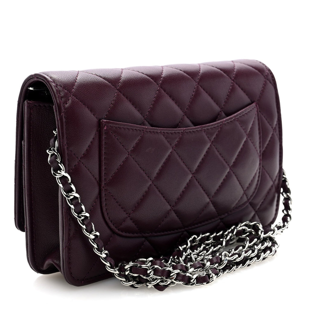 Lambskin Quilted Enamel CC Wallet On Chain WOC Burgundy