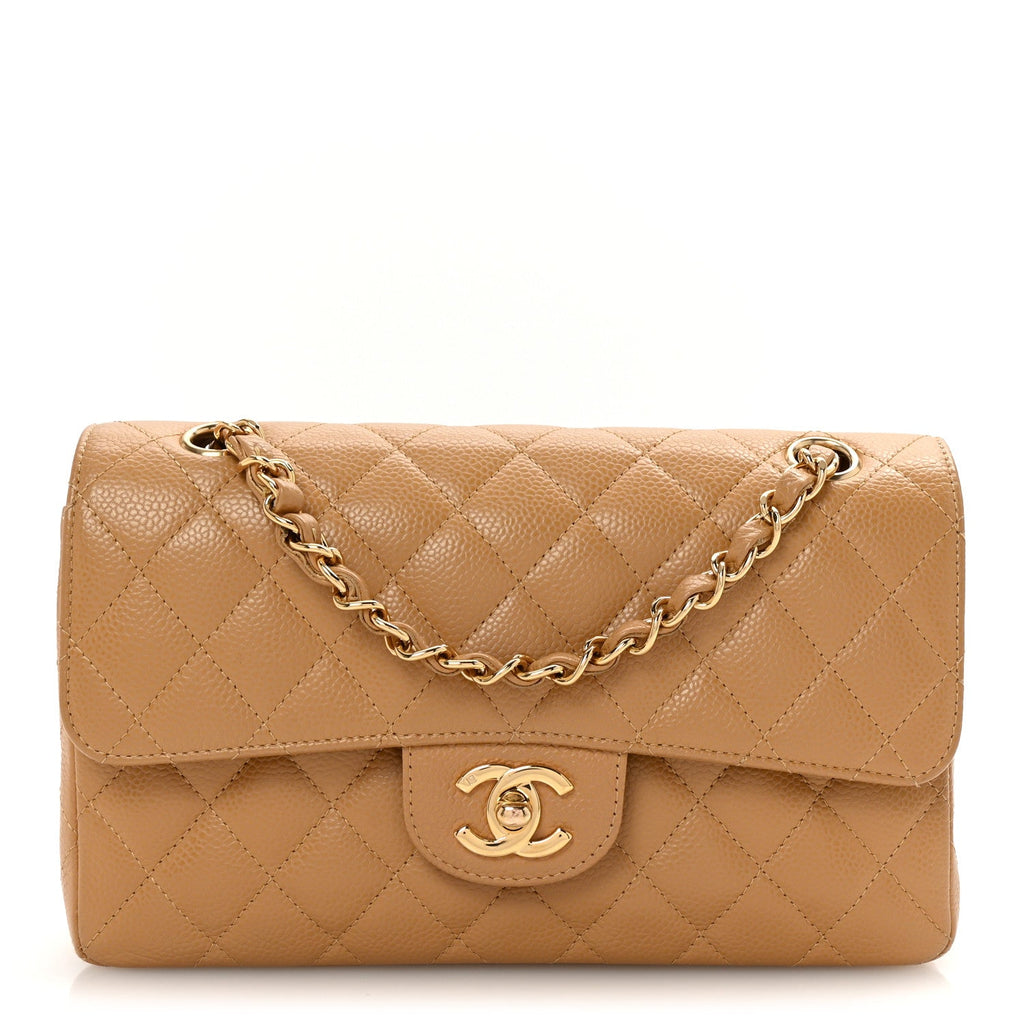 Caviar Quilted Small Double Flap Beige