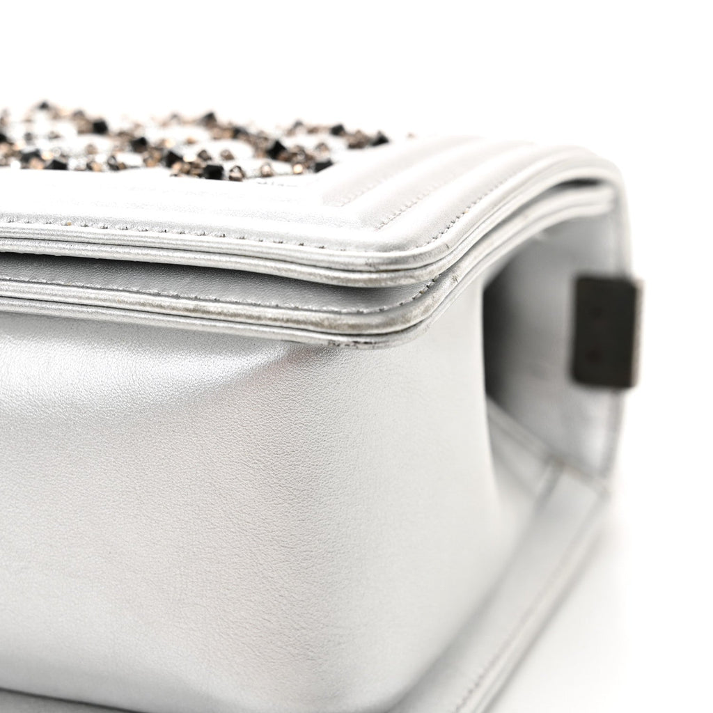 Metallic Lambskin Embellished Medium Boy Flap Silver