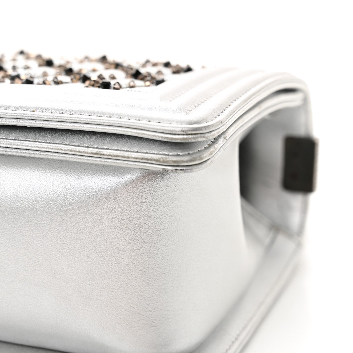 Metallic Lambskin Embellished Medium Boy Flap Silver