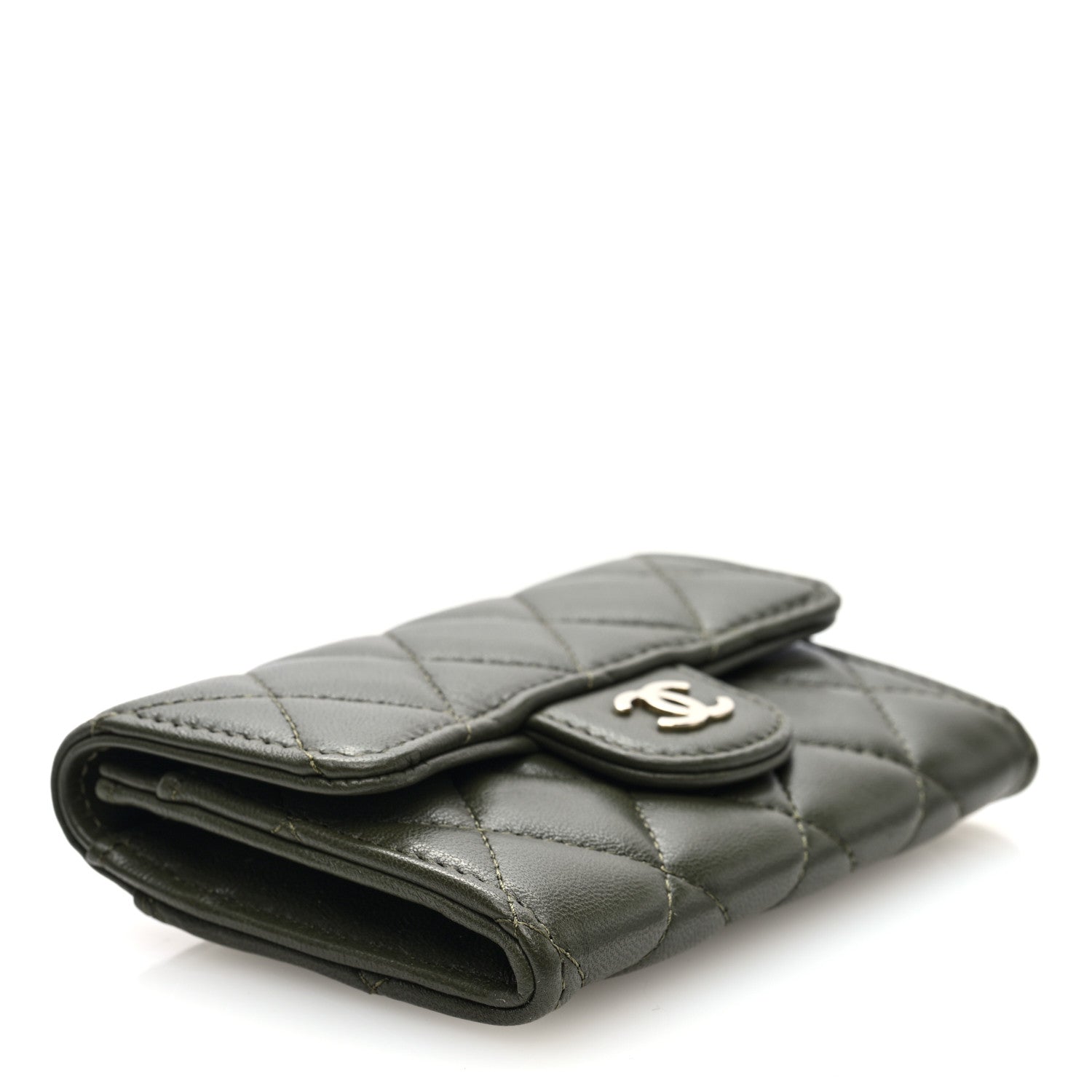 Lambskin Quilted Flap  Holder Wallet Khaki