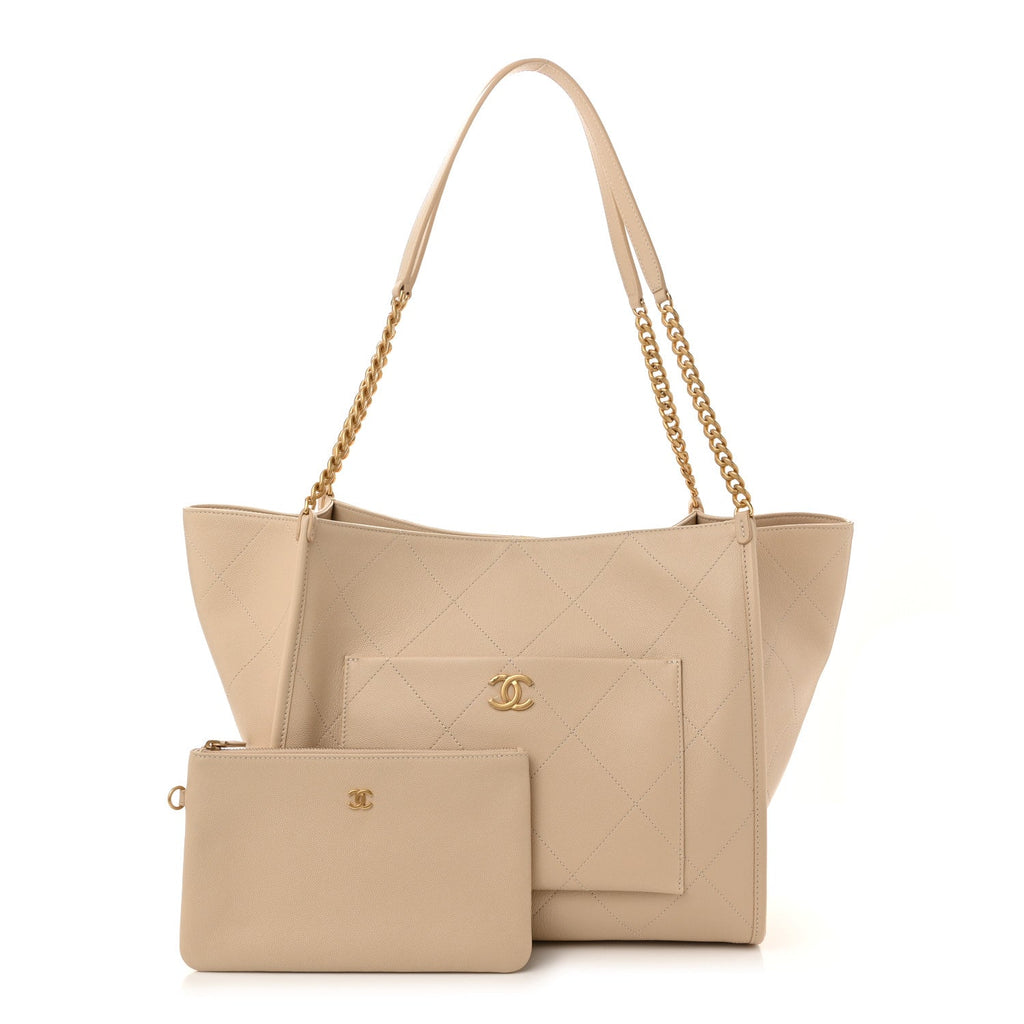 Caviar Stitched Pocket CC Large Tote Light Beige