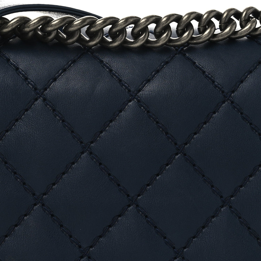 Calfskin Double Stitch New Medium Boy Flap Navy Blue