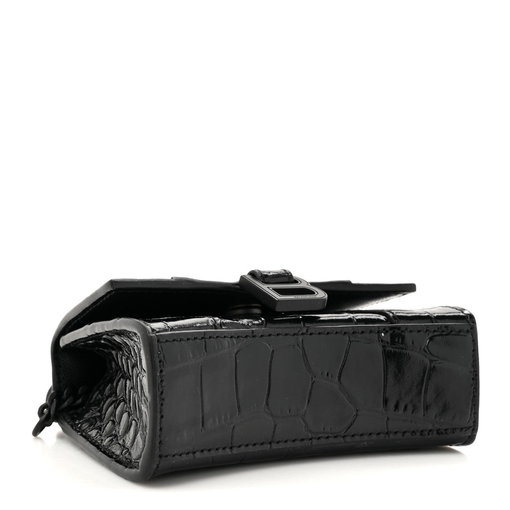 Shiny Calfskin Monochrome Crocodile Embossed Hourglass Top Handle Bag Mini with Chain Black