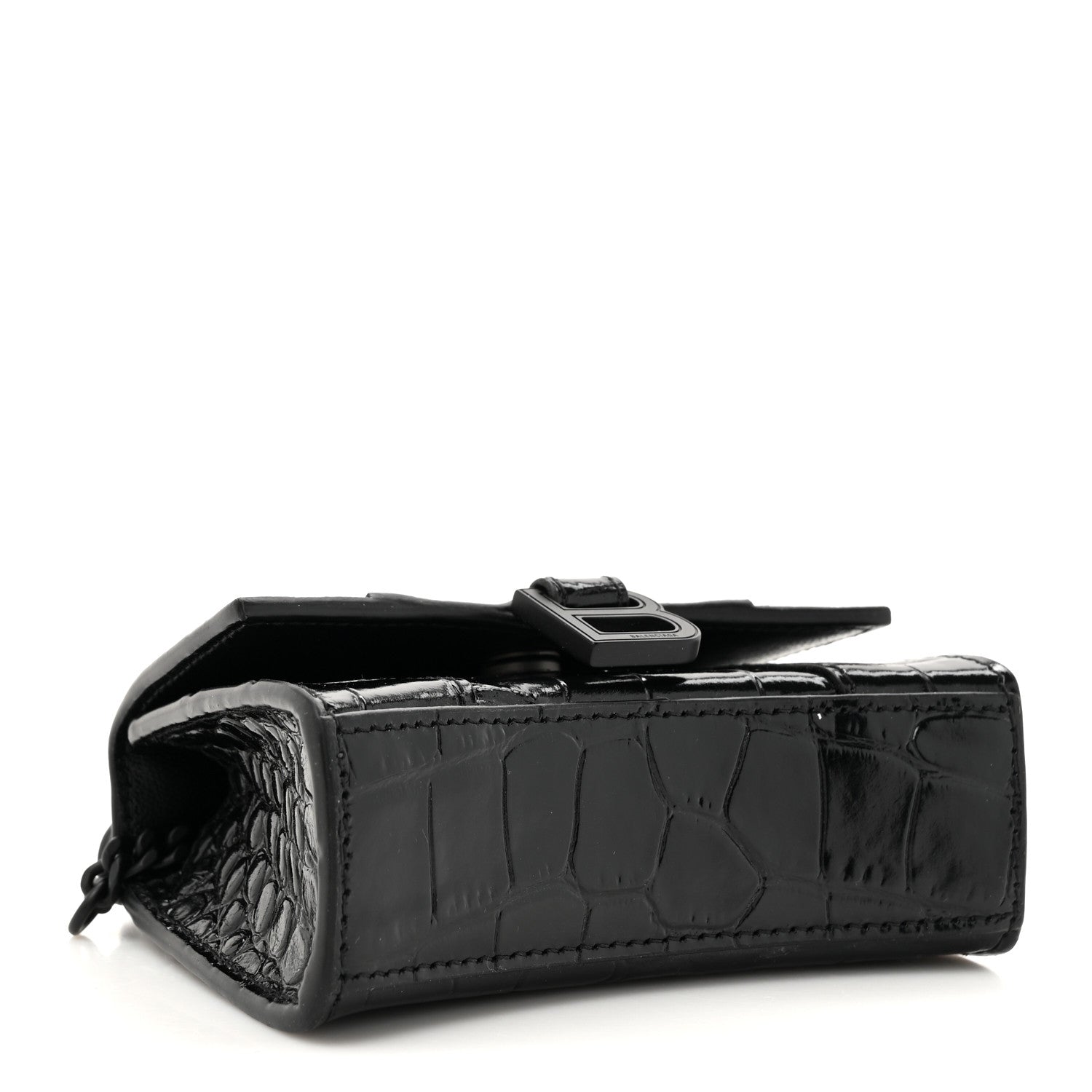 Shiny Calfskin Monochrome Crocodile Embossed Hourglass Top Handle Bag Mini with Chain Black