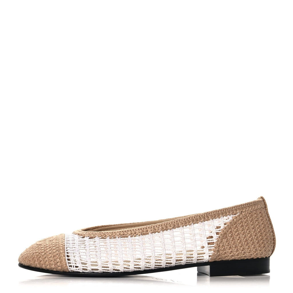 Raffia Cap Toe Ballerina Flats 37 White Beige