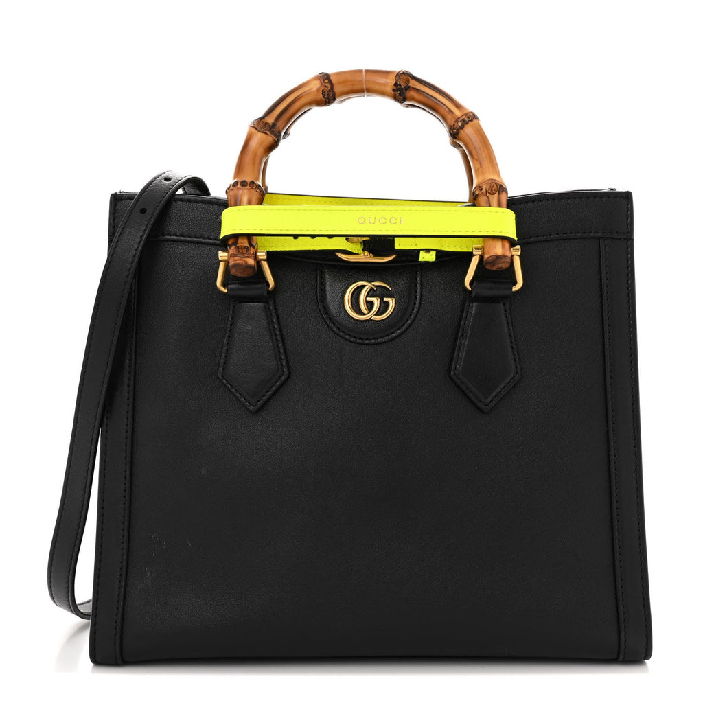 Calfskin Small Diana Tote Bag Black Yellow Fluo