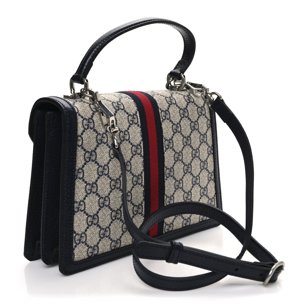 GG Supreme Monogram Textured Dollar Calfskin Web Small Ophidia Padlock Top Handle Bag Beige Blue