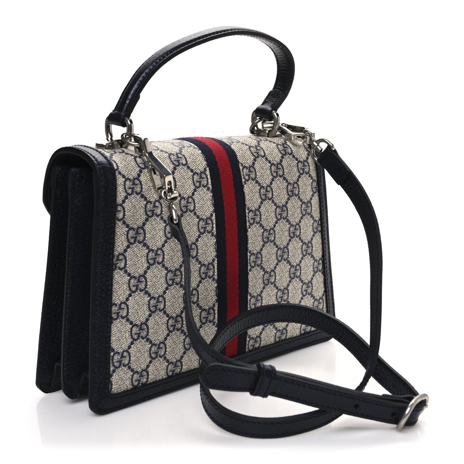 GG Supreme Monogram Textured Dollar Calfskin Web Small Ophidia Padlock Top Handle Bag Beige Blue