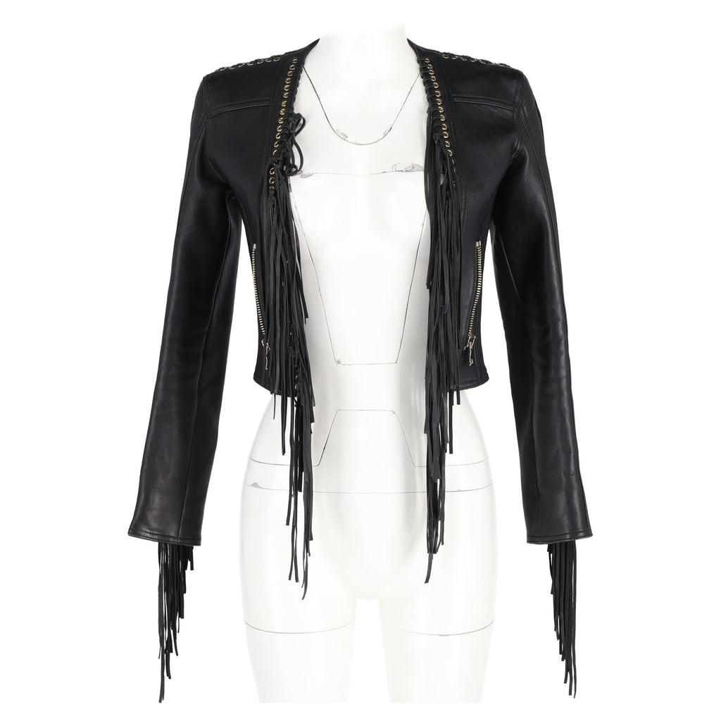 Balmain Fringe Cropped Jacket in Black Leather